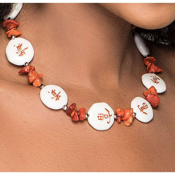 Asian Persuasion Necklace Set With Sterling Silver Earrings Porcelain Bead and Sponge Coral Chips - sassycollection.net, sassycollection.net-The Sassy Collection, Necklace Sets jewelry