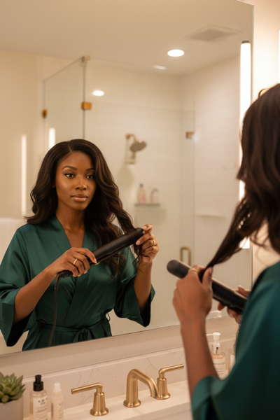 Confident Black woman using hair straightener