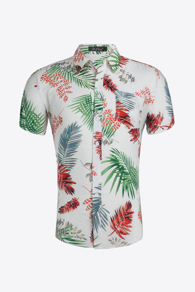 Tropical Pattern Button-Up Collared Beach Shirt