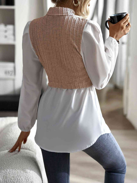 Contrast Cable-Knit Mock Neck Top