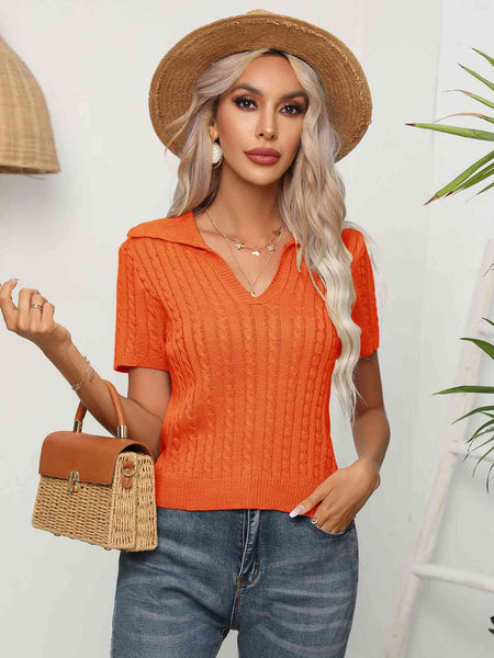Cable-Knit Johnny Collar Short Sleeve Knit Top