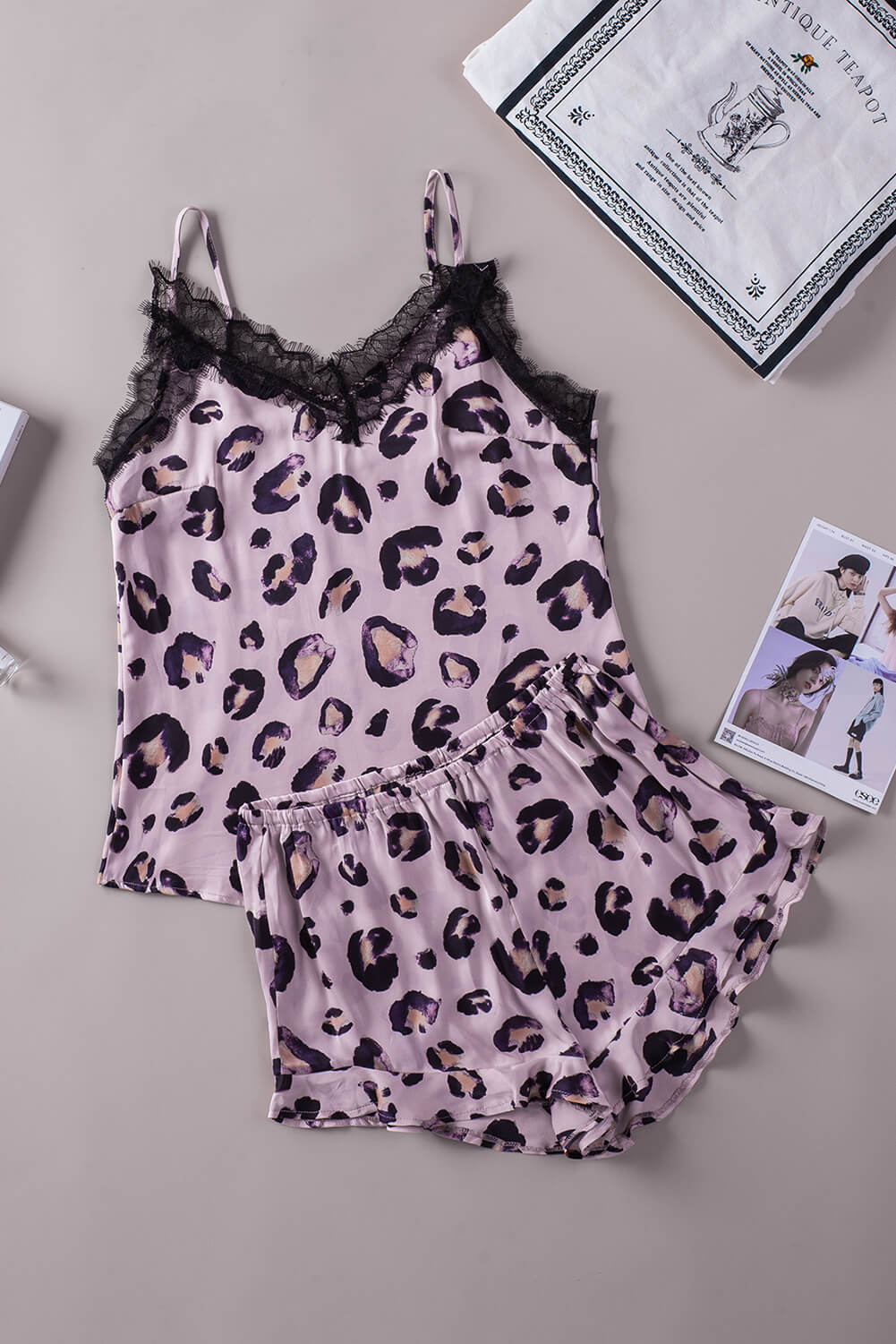 Leopard Lace Trim Cami and Shorts Pajamas Set