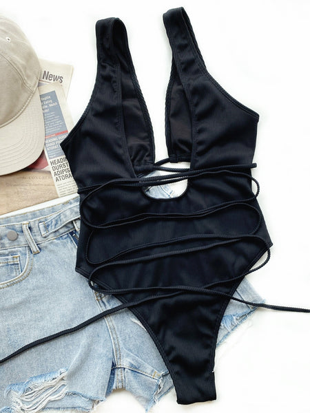 Ribbed Lace Up One-Piece Swimsuit