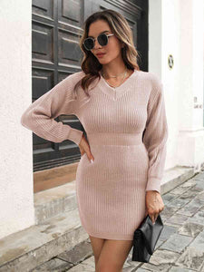 Rib-Knit V-Neck Sweater Dress