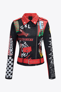 Full Size Printed Zip Up Studded Jacket