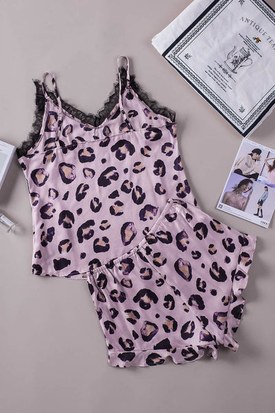 Leopard Lace Trim Cami and Shorts Pajamas Set