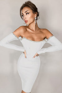 Off-Shoulder Long Sleeve Mini Dress with Rhinestone Detail