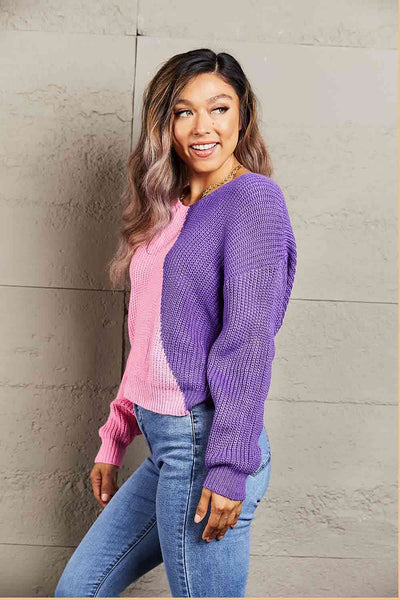 Double Take Two-Tone V-Neck Twisted Sweater