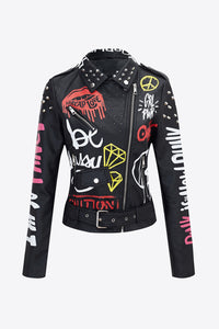 Full Size Printed Zip Up PU Leather Jacket