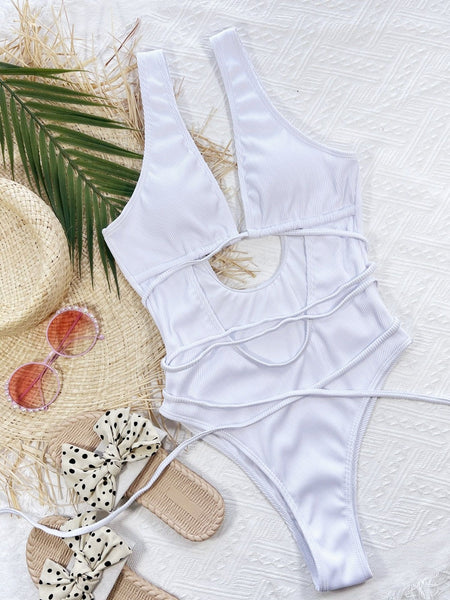 Ribbed Lace Up One-Piece Swimsuit
