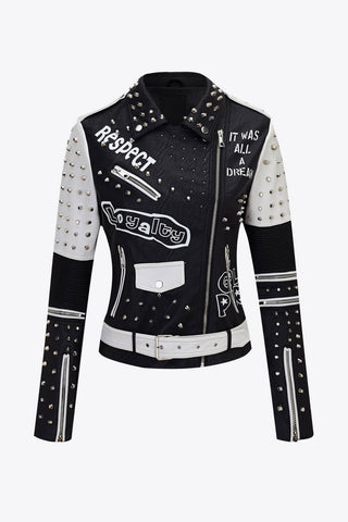 Full Size Contrast Letter Print Studded PU Leather Jacket