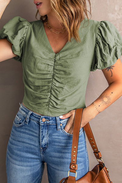 Ruched Short Puff Sleeve Cropped Top