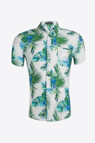 Tropical Pattern Button-Up Collared Beach Shirt