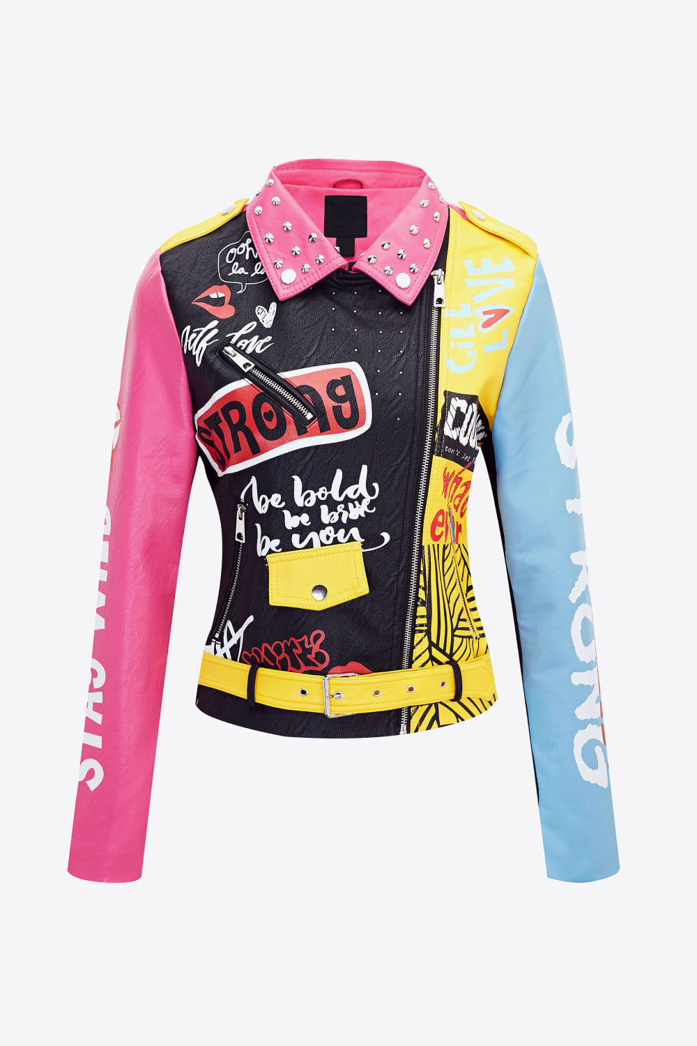 Full Size Printed Contrast Studded PU Leather Jacket
