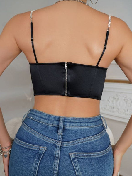 Ruched Rhinestone Strap Zip-Back Cami