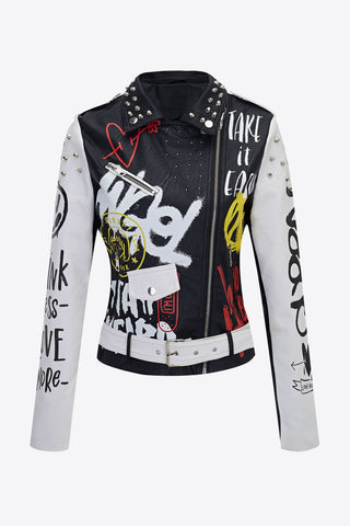 Full Size Printed Zip Up Studded PU Leather Jacket