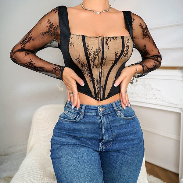 Lace Square Neck Long Sleeve Cropped Top