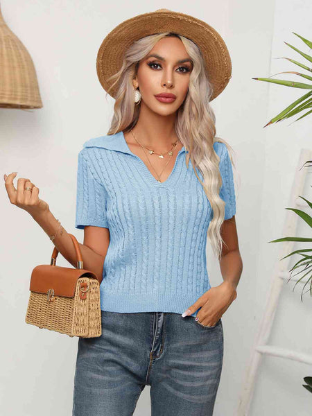 Cable-Knit Johnny Collar Short Sleeve Knit Top